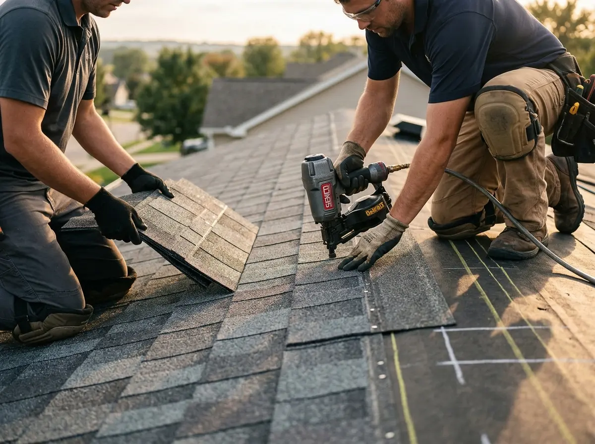 Professional roofer working on a residential roof in New Kensington
